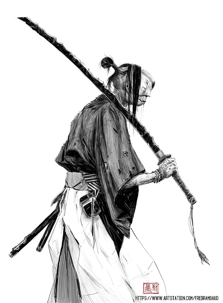 karya seni, latar belakang sederhana, monokrom, pedang, pedang jepang, samurai, zombie, latar belakang putih, sketsa, Wallpaper HD, wallpaper seluler