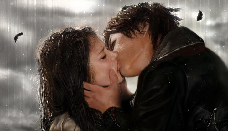 erkekler siyah kapüşonlu, aşk, yağmur, öpücük, dizi, The Vampire Diaries, Elena, Damon, HD masaüstü duvar kağıdı