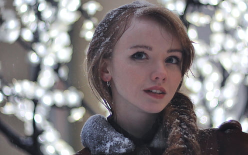 woman's face, Olesya Kharitonova, women, redhead, blue eyes, snow, model, winter, face, cold, brown coat, coats, HD wallpaper HD wallpaper