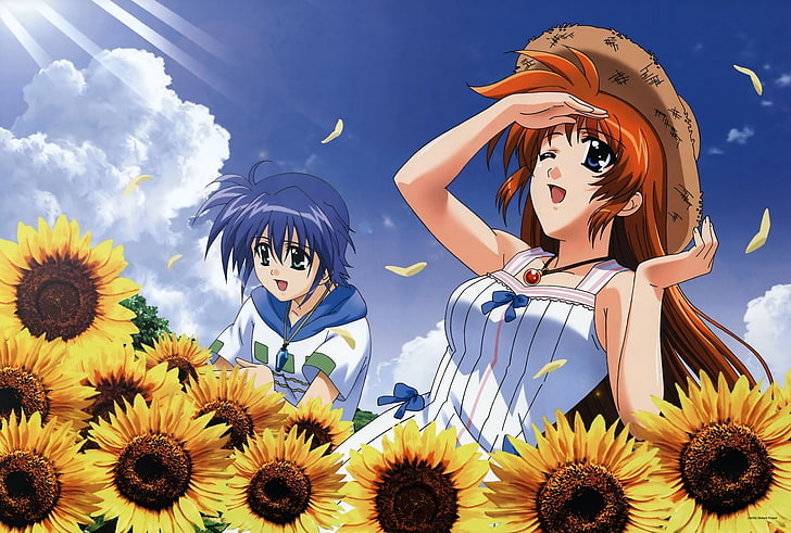 dwie kobiety w biało-niebieskich sukienkach ilustracja, komori atsushi, dziewczyny, panama, słoneczniki, spacer, lato, słońce, Tapety HD