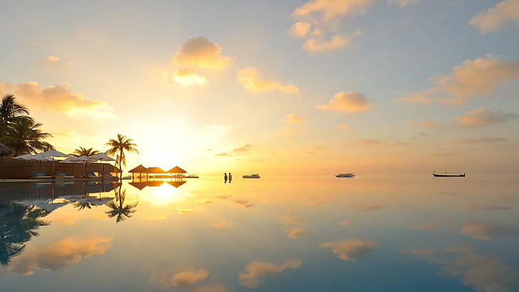 calm body of water, beach, sky, sea, clouds, reflection, HD wallpaper