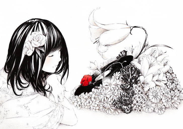 schwarz, blumen, haare, original, polychrom, rose, sawasawa, HD-Hintergrundbild