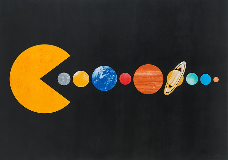 Pac-Man и планета картинки, абстрактный, минимализм, простой фон, круг, Джо Уэбб, живопись, Pacman, планета, Солнце, Солнечная система, Меркурий, Венера, Земля, Марс, Юпитер, Сатурн, Уран, Нептун, Плутон, космос, черный фон, видеоигры, юмор, Pac-Man, желтый, еда, точки, HD обои
