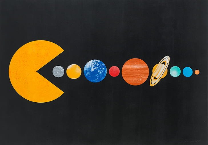 Saturno, minimalismo, fundo preto, humor, Urano, Terra, planeta, pintura, espaço, Sol, Pacman, Sistema Solar, Mercúrio, fundo simples, Pac-Man, Vênus, Joe Webb, Plutão, Netuno, Marte, círculo, resumo,jogos de vídeo, Júpiter, HD papel de parede