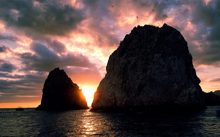 พระอาทิตย์ตกทะเลชายฝั่งเกาะท้องฟ้าเมฆหน้าผานกพระอาทิตย์ตกทะเลชายฝั่งเกาะท้องฟ้าเมฆหน้าผานก, วอลล์เปเปอร์ HD