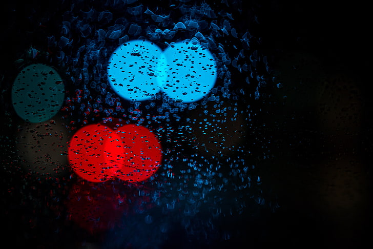 червена и синя боке фотография, отблясъци, капки, кръгове, светлина, повърхност, HD тапет