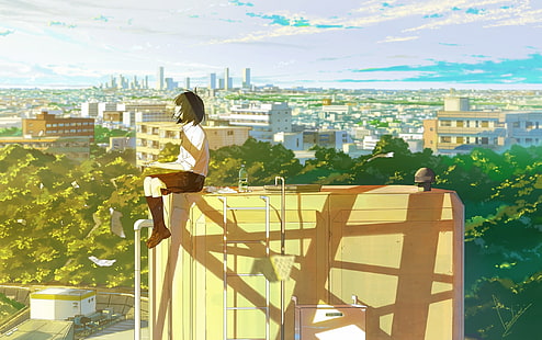 anime girl, toit, paysage urbain, bâtiments, papiers, solitaire, uniforme scolaire, cheveux courts, Anime, Fond d'écran HD HD wallpaper