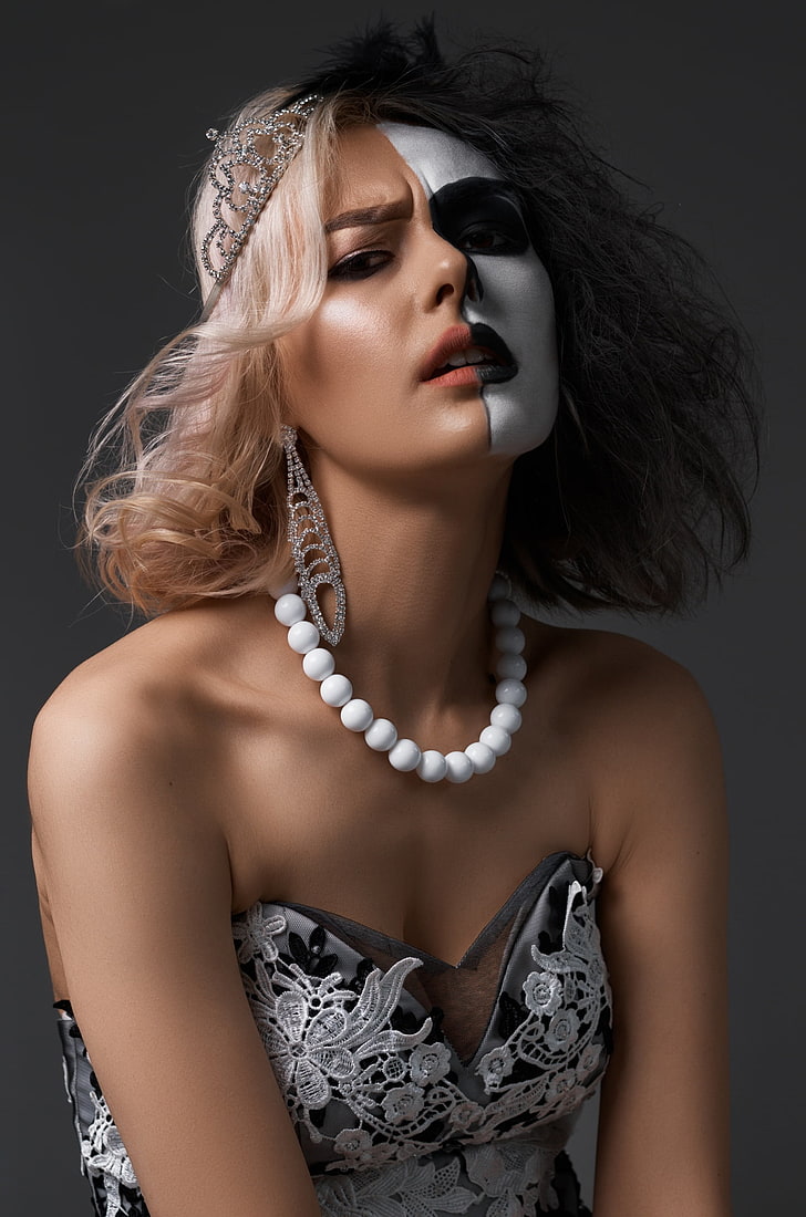 body paint, makeup, women, portrait, pearl necklace, HD wallpaper
