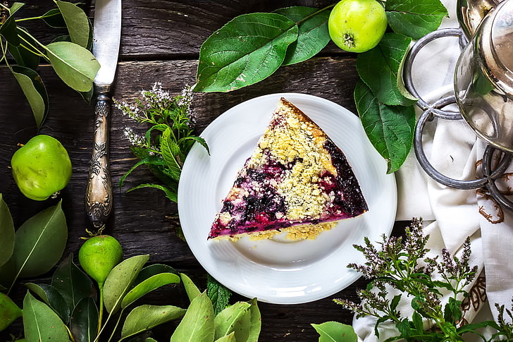 food, green, apples, cake, blueberry pie, plates, HD wallpaper