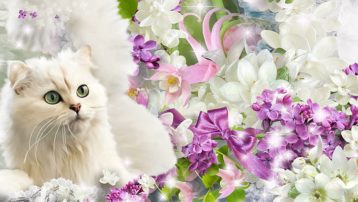 The Green Eyed Cat, ribbon, soft, flowers, green eyes, sweet, pastel, loveable, feminine, fluffy, kitten, fleu, HD wallpaper