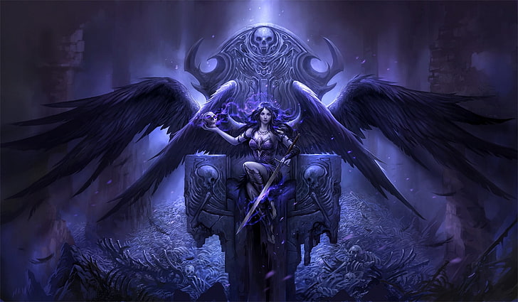 purple angel illustration, girl, lights, death, skull, wings, angel, sword, feathers, bones, skeleton, sake, ruins, the throne, bas, shine, throne, by Sandara, bas-relief, HD wallpaper