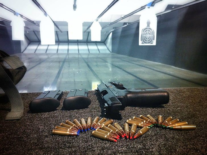 gold pistol bullet lot, gun, ammunition, pistol, weapon, HD wallpaper
