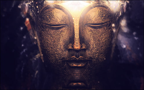 golden Buddha digital wallpaper, Buddha head bust illustration, Buddha, meditation, spiritual, Buddhism, bokeh, lights, purple, gold, macro, photography, depth of field, zen, HD wallpaper HD wallpaper