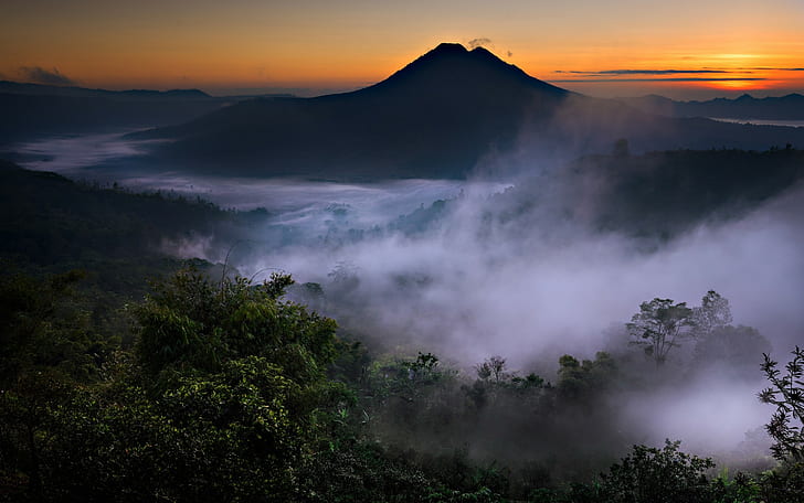 nature, landscape, mist, mountains, valley, volcano, forest, Bali, Indonesia, HD wallpaper
