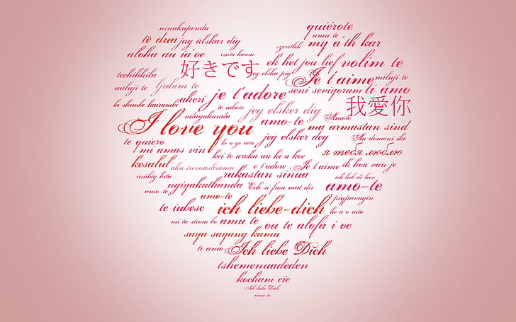 Ti amo in diverse lingue testo che forma il cuore, Ti amo, cuore dell'amore, HD, Sfondo HD