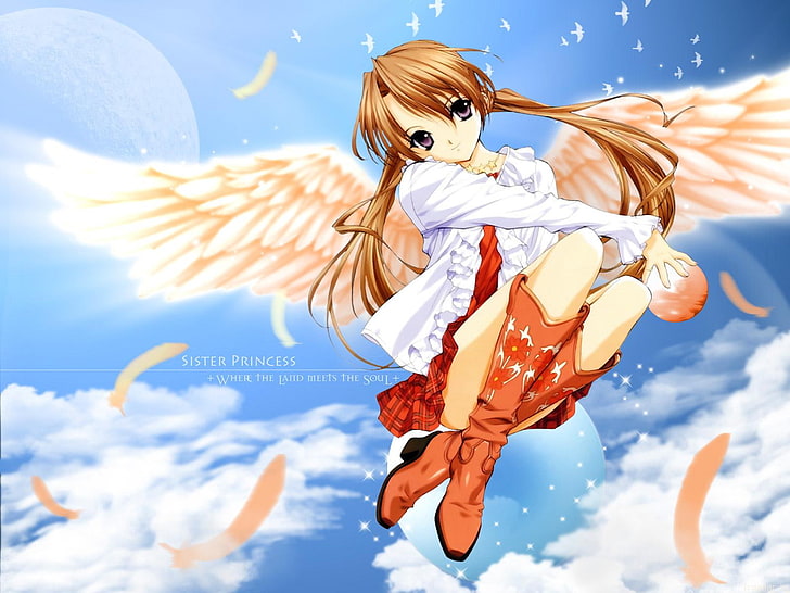 angels, anime, girls, phrases, sky, HD wallpaper