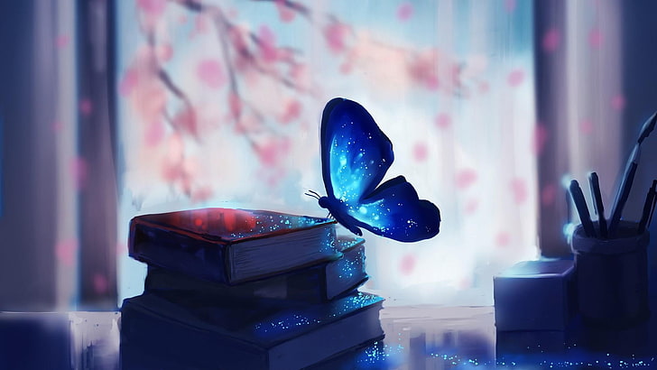 kupu-kupu, seni digital, buku, melamun, cahaya biru, bersinar, berkilauan, Wallpaper HD