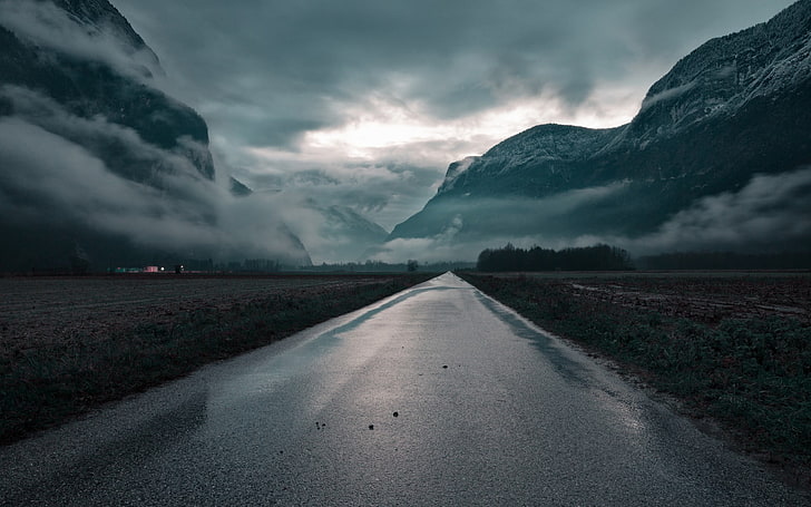 route en béton gris, route, brume, montagnes, paysage, Fond d'écran HD
