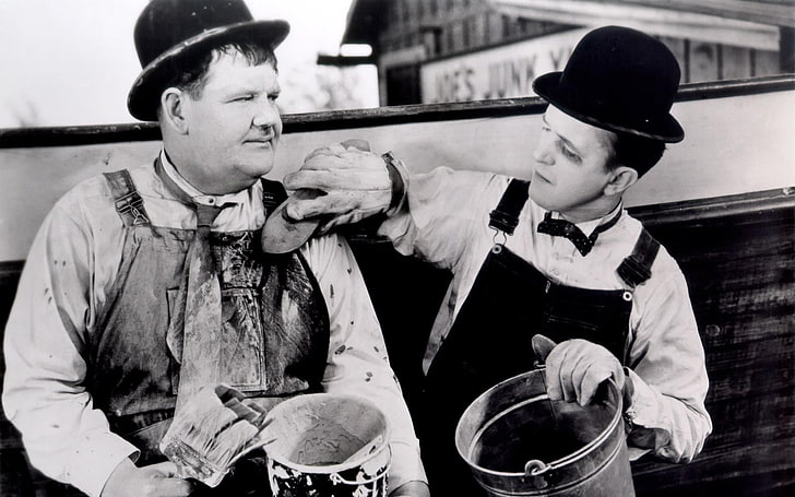 foto in scala di grigi di uomo e donna, Laurel & Hardy, film, umorismo, monocromatico, Sfondo HD