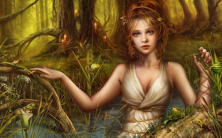 Gadis fantasi pirang cantik, wanita di sungai di lukisan hutan, Beautiful, Blond, Fantasy, Girl, Wallpaper HD