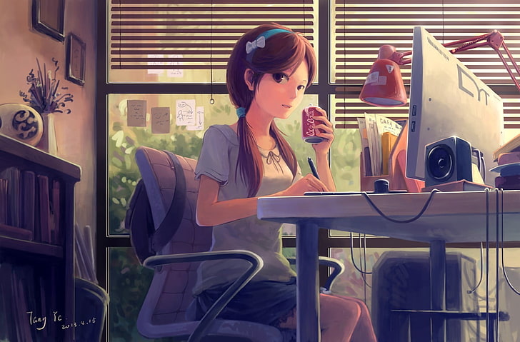 черноволосая девушка аниме персонаж иллюстрация, аниме девушки, оригинальные персонажи, карие глаза, брюнетка, повязка на голову, два хвостика, компьютер, HD обои