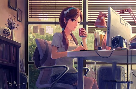 черноволосая девушка аниме персонаж иллюстрация, аниме девушки, оригинальные персонажи, карие глаза, брюнетка, повязка на голову, два хвостика, компьютер, HD обои HD wallpaper