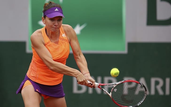 Симона Халеп, женская оранжевая майка и фиолетовая юбка, теннисистка, Румыния, HD обои