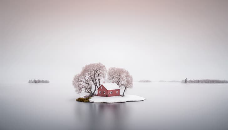 Grafika AI, domek, wyspa, Szwecja, jezioro, biały, Tapety HD