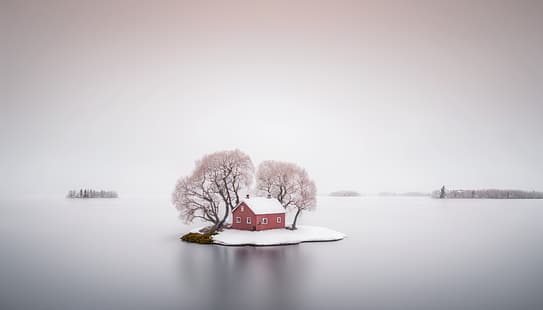Grafika AI, domek, wyspa, Szwecja, jezioro, biały, Tapety HD HD wallpaper