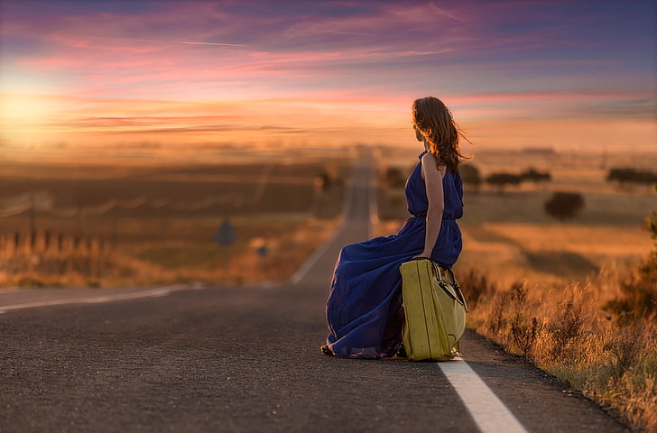 women's blue sleeveless dress, road, girl, the way, space, suitcase, Journey to Dreamland, Pedro Quintela, HD wallpaper