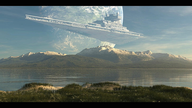 fault-block mountain, stars, space, planet, mountains, snowy peak, clouds, Star Destroyer, HD wallpaper