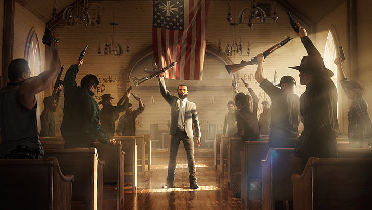 kerumunan orang memegang senapan di dalam ruangan, Far Cry 5, Amazing Grace, Joseph Seed, 4K, 8K, Wallpaper HD