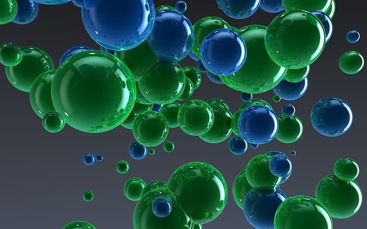 арт, воздушные шары, шарики, серый, синий, зеленый, капля, отражение, HD обои