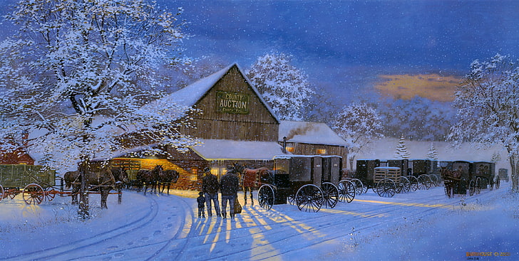 brown wooden house, winter, snow, horses, the evening, painting, carts, Dave Barnhouse, The Gathering Place, County Auction, auction, HD wallpaper