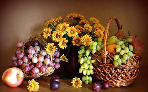 Still life, chrysanthemum, red and green grapes, apple, pears, fruits, assorted fruits, Still, Life, Chrysanthemum, Red, Green, Grapes, Apple, Pears, Fruits, HD wallpaper HD wallpaper