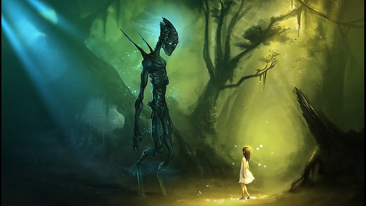 girl in white dress illustration, aliens, children, jungle, artwork, fantasy art, HD wallpaper