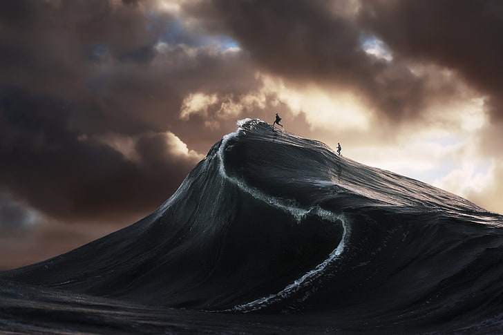 Person, die auf digitaler Tapete der Welle, Wellen, Meer, digitale Kunst, Stimmung, Männer, Laufen, Wolken, Wasser aufwacht, HD-Hintergrundbild