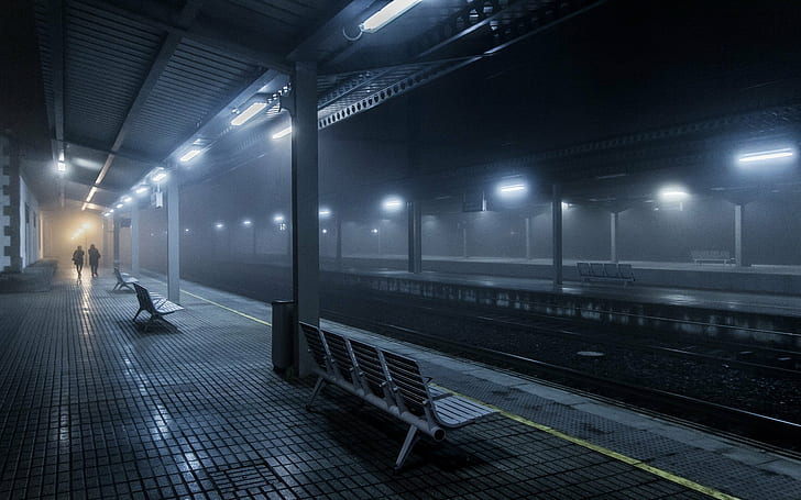都市鉄道駅ライト鉄道人ベンチ青い霧スペイン夜、 HDデスクトップの壁紙