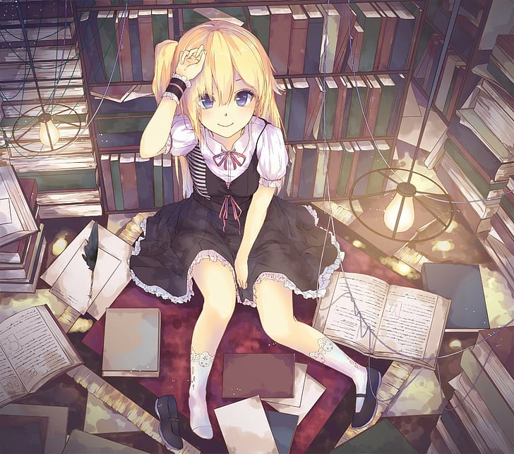 anime girls vestir libros calcetines ojos azules biblioteca rubia personajes  originales, Fondo de pantalla HD | Wallpaperbetter