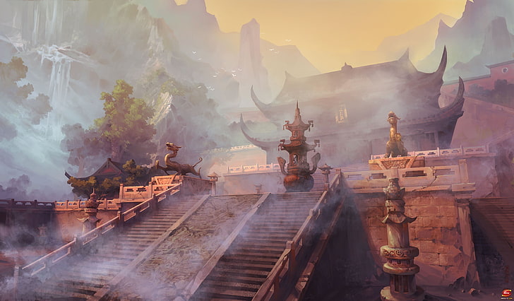 фантазия, храм, древен Китай, HD тапет