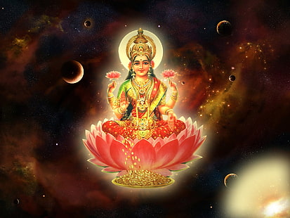 женска индуистка божествена живопис, духовна, махалакшми, индуизъм, богатство, религия, HD тапет HD wallpaper