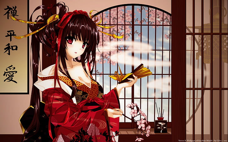 anime girls, kimono, red eyes, dark hair, anime, HD wallpaper