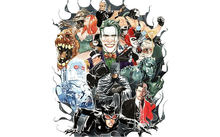 Батман злодеи, илюстрации на герои на батман, батман, dc-комикси, супергерои, комикси, злодеи, HD тапет