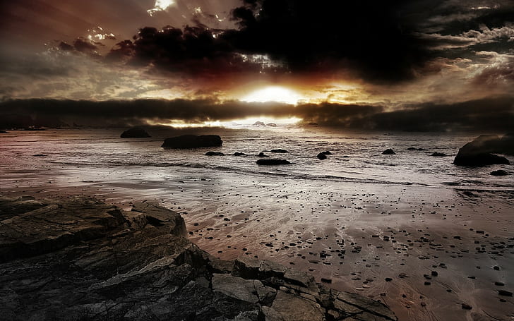 mar, playa, arte digital, sol, cielo, roca, nubes, naturaleza, luz solar, tarde, Fondo de pantalla HD