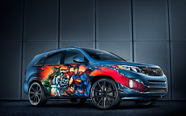 2013 Kia Justice League Sorento 2, blue and red marvel superhero print suv, 2013, justice, league, sorento, cars, HD wallpaper