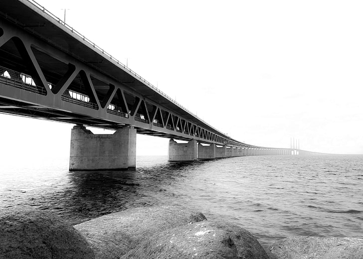 black and white, bridge, contrast, oresund bridge, sea, HD wallpaper