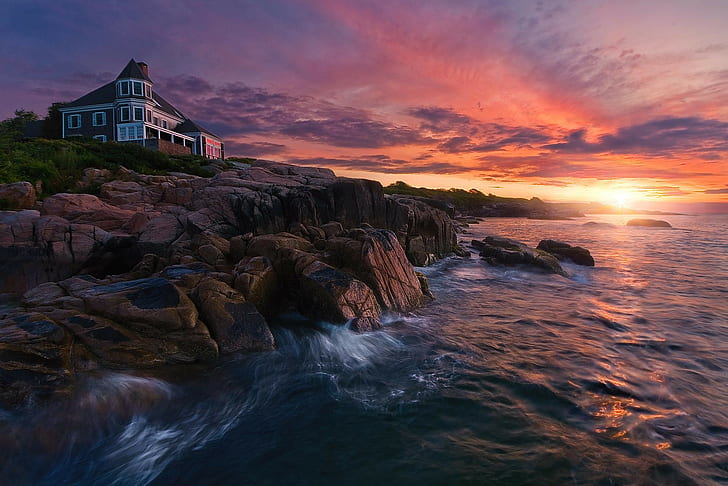 costa, Maine, roccia, casa, mare, natura, paesaggio, Sfondo HD
