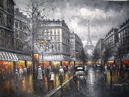 група хора на улична живопис, небе, град, улица, Париж, кула, картина, вечерта, HD тапет HD wallpaper
