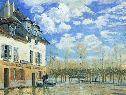 пейзаж, къща, картина, пролет, Алфред Сисли, Наводнение в Порт-Марли, наводнения, HD тапет HD wallpaper