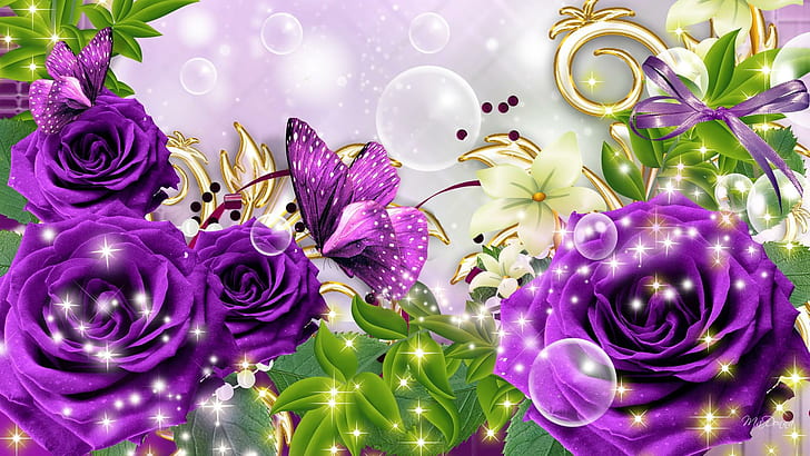 Fantastic Purple, purple green and white floral illustration, glitter, alluring, enchanting, bubbles, butterfly, dark, flowers, sparkles, colorful, gold, fascinat, HD wallpaper